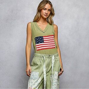 🇺🇸 POL V-Neck Ribbed Tank with American Flag Patch and Star Back Patch - Olive